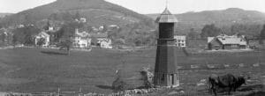 Historic photo of a water tower on Battell meadow, Norfolk, Connecticut.
