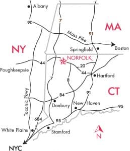 Map showing how all roads lead to Norfolk, Connecticut.