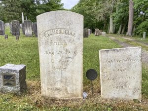 Photo of James and Jupiter Mars' tombstones in Center Cemetery, Norfolk, Connecticut.